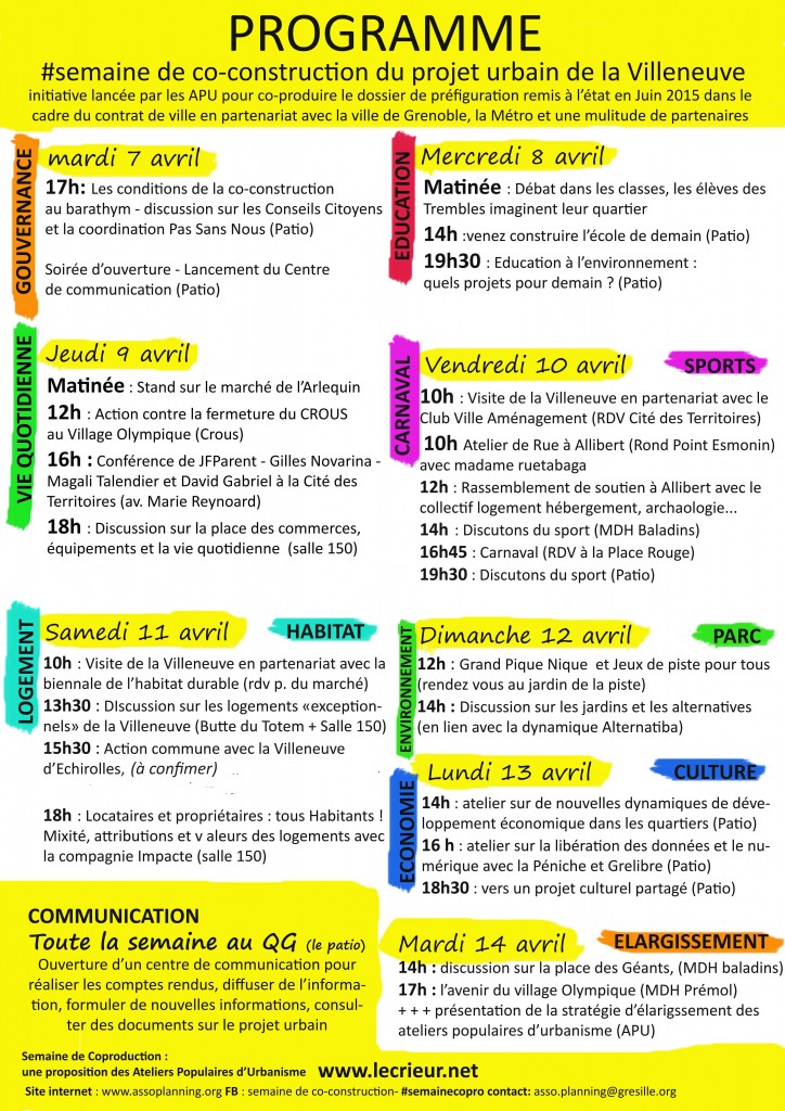 Le planning de la semaine de co-construction sur les projets de rénovation urbaine à la Villeneuve.