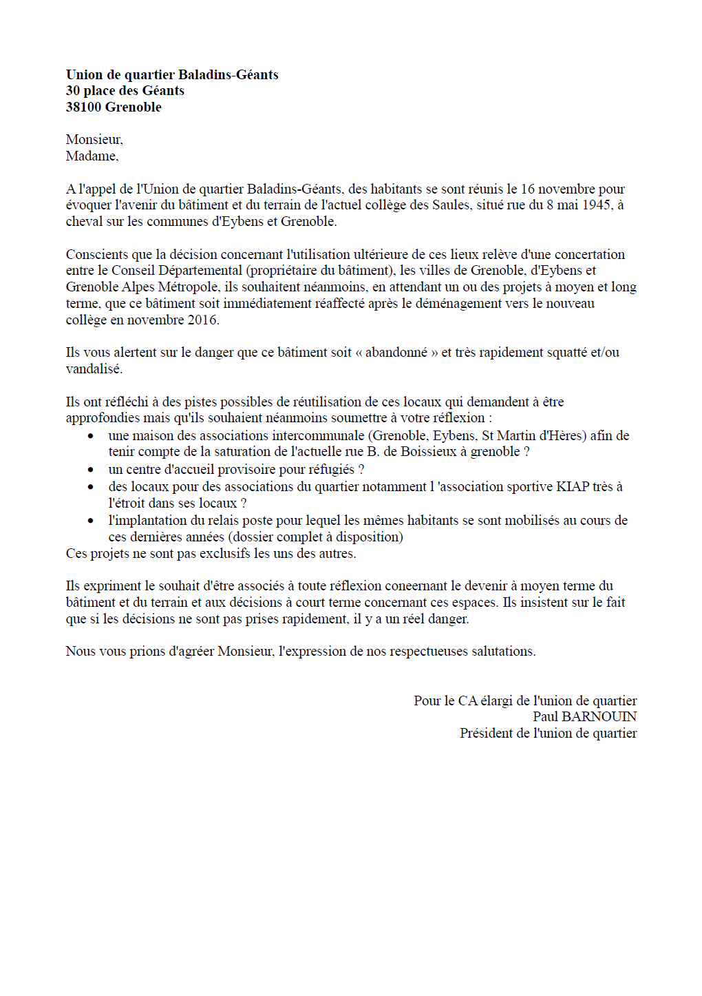 Lettre union de quartier élus collège des Saules